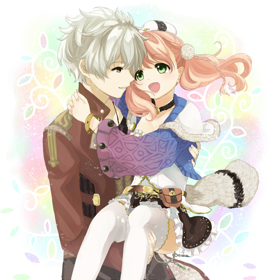 1boy 1girl :d atelier_(series) atelier_escha_&amp;_logy bracelet braid brown_eyes brown_skirt carrying cowboy_shot escha_malier green_eyes hat jewelry logix_ficsario looking_at_another multicolored_background open_mouth pink_hair princess_carry sasamaru_chimaki short_hair skirt smile tail thigh-highs twintails white_hair white_legwear
