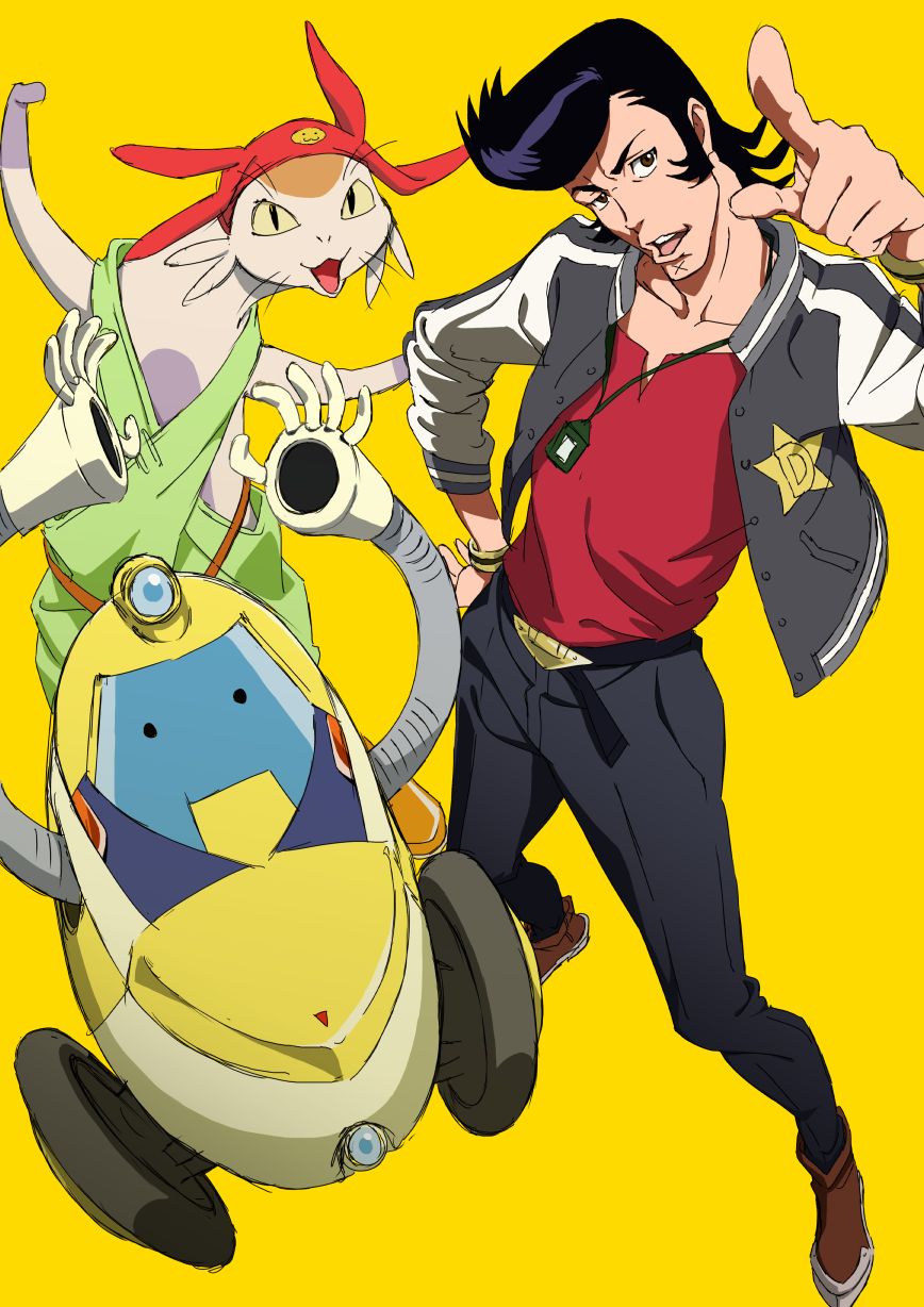 alien black_hair dandy_(space_dandy) hat highres jacket letterman_jacket meow_(space_dandy) pointing pompadour qt_(space_dandy) robot space_dandy tuchinokoeffect yellow_background