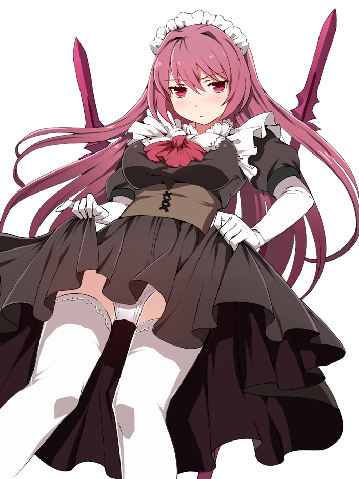 1girl blush breasts dress dress_lift fate/grand_order fate_(series) gae_bolg gloves long_hair looking_at_viewer maid maid_headdress panties pantyshot pantyshot_(standing) purple_hair red_eyes sandarumi scathach_(fate/grand_order) simple_background solo standing thigh-highs underwear white_background white_gloves white_legwear white_panties