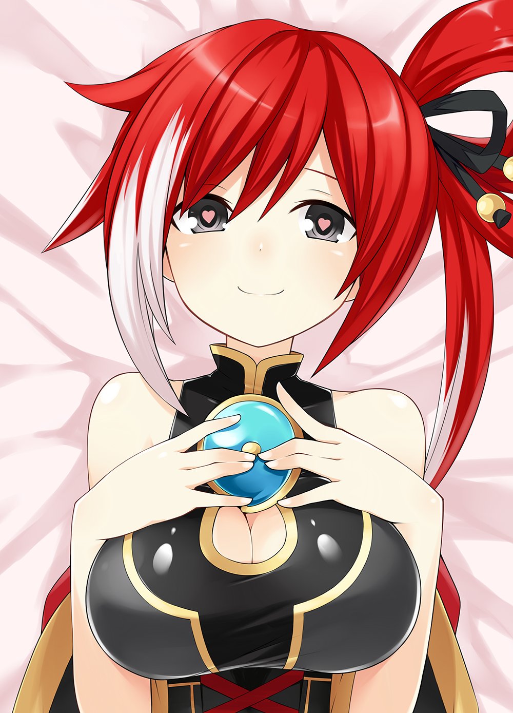1girl bare_shoulders bed bell black_eyes blush breasts cleavage gene_(gear_gene) hair_ornament heart heart-shaped_pupils highres large_breasts long_hair looking_at_viewer multicolored_hair neptune_(series) red_(choujigen_game_neptune) redhead side_ponytail smile solo symbol-shaped_pupils two-tone_hair white_hair