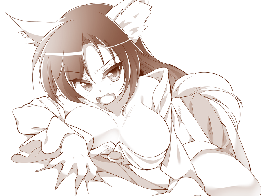 1girl animal_ears breasts brooch claws fangs hachi_(chihagura) imaizumi_kagerou jewelry large_breasts long_hair long_sleeves looking_at_viewer monochrome no_bra off_shoulder shirt solo touhou wolf_ears