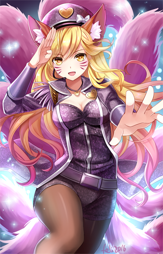 1girl 2016 ahri alternate_costume alternate_hair_color animal_ears artist_name bangs belt blonde_hair bow breasts brown_legwear cleavage epaulettes eyebrows eyebrows_visible_through_hair felicia-val fox_ears fox_tail hair_between_eyes hat hat_bow hat_ribbon heart heart_necklace jacket league_of_legends light_particles long_hair long_sleeves microphone multiple_tails open_clothes open_jacket outstretched_arm palms pantyhose peaked_cap popstar_ahri reaching ribbon salute shade signature smile solo sparkle tail whisker_markings white_bow