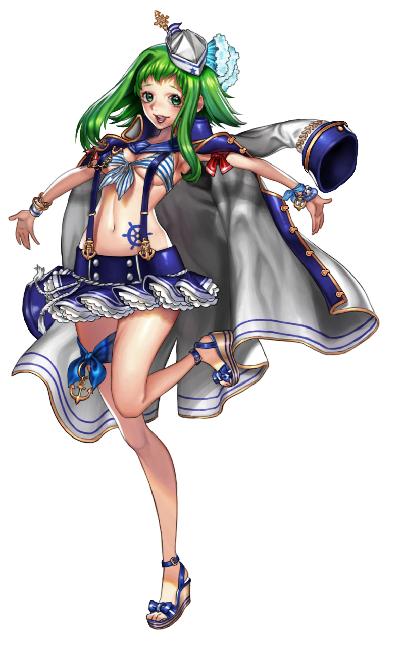 1girl :d alternate_costume anchor arm_ribbon armpits bangs bika bikini bikini_top blue_bow blue_ribbon blue_skirt bow bracelet coat frills front-tie_top full_body green_eyes gumi hat highres jacket_on_shoulders jewelry looking_at_viewer miniskirt navel open_mouth outstretched_arms palms platform_footwear red_ribbon ribbon sailor_hat sidelocks skirt smile solo spread_arms standing_on_one_leg stomach strap_gap striped striped_bikini suspender_skirt suspenders swimsuit thigh_strap transparent_background vocaloid wrist_cuffs