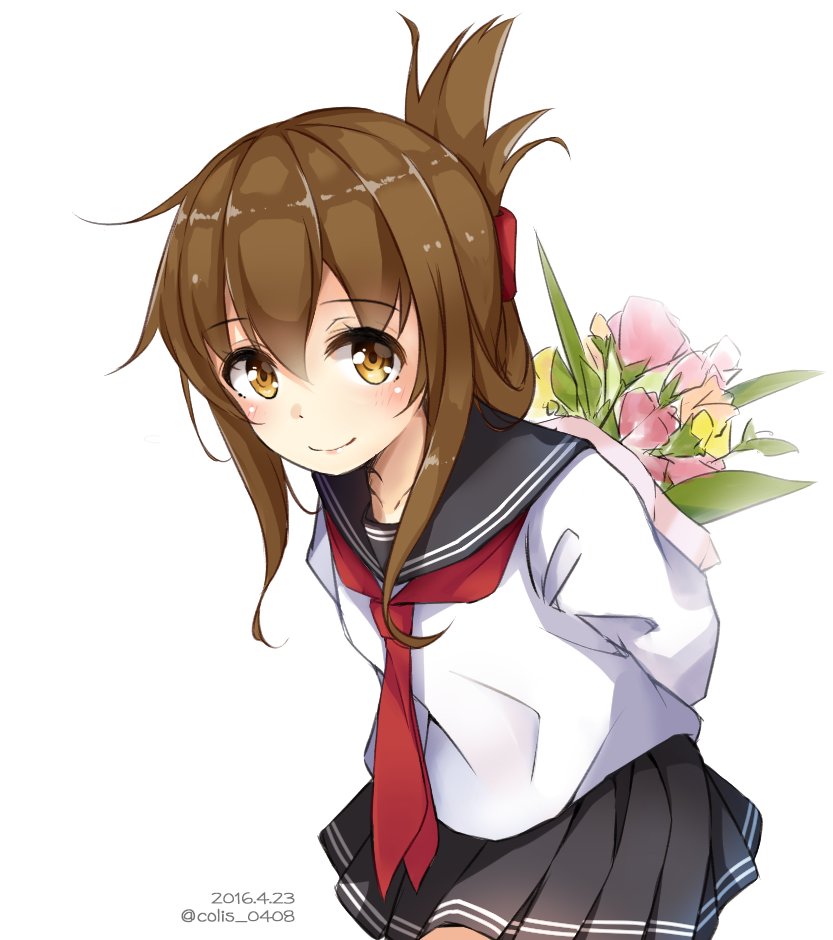 1girl 2016 arms_behind_back artist_name black_skirt blush bouquet brown_eyes brown_hair closed_mouth colis_(regunm772) collarbone dated flower folded_ponytail inazuma_(kantai_collection) kantai_collection leaning_forward neckerchief number pleated_skirt sailor_collar shirt simple_background skirt smile solo twitter_username white_background white_shirt