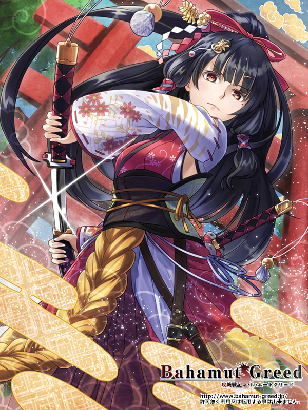 &gt;:( 1girl bahamut_greed belt black_hair breasts character_request clouds copyright_request detached_sleeves dress dutch_angle egasumi english floral_print glint hair_ornament hair_tubes hairpin high_ponytail holding holding_sword holding_weapon japanese_clothes katana long_hair long_sleeves mole mole_under_eye orange_eyes ponytail ribbon-trimmed_sleeves ribbon_trim sheath solo sword tokumaro torii tree very_long_hair watermark weapon web_address wide_sleeves