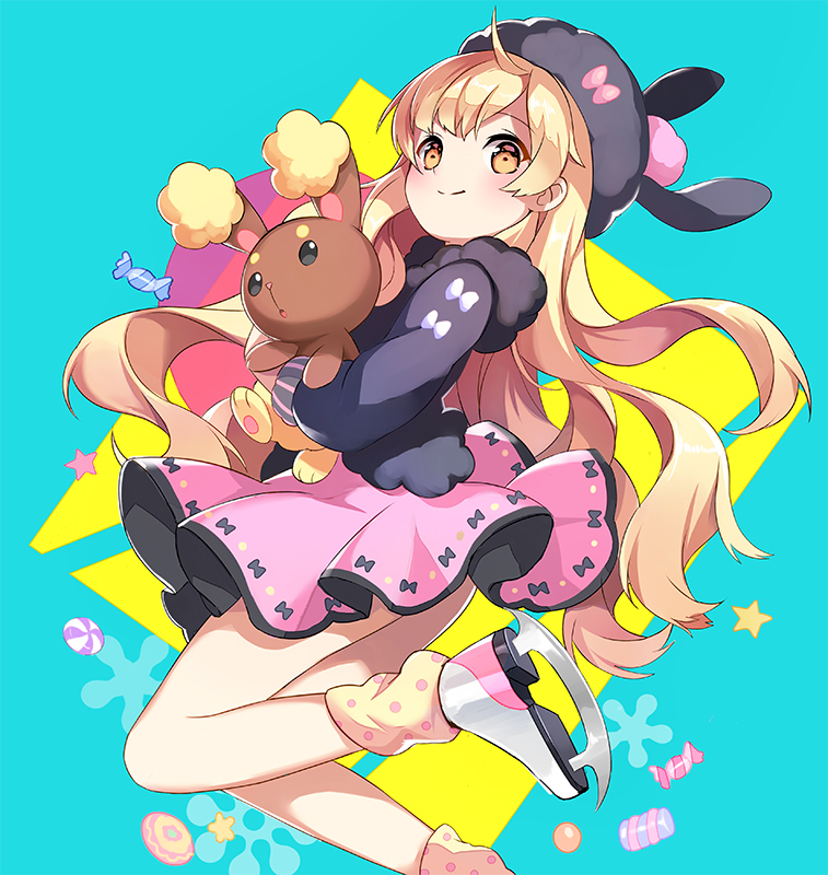 1girl :o alternate_costume animal animal_ears bangs blonde_hair blue_background bow buneary candy crossover dress fake_animal_ears from_side hat hat_bow hat_with_ears holding_animal jacket leg_warmers long_hair looking_at_viewer mayu_(vocaloid) orange_eyes pink_bow pink_dress pokemon pokemon_(creature) pokemon_(game) pokemon_dppt polka_dot pom_pom_(clothes) rabbit_ears smile stellarism very_long_hair vocaloid