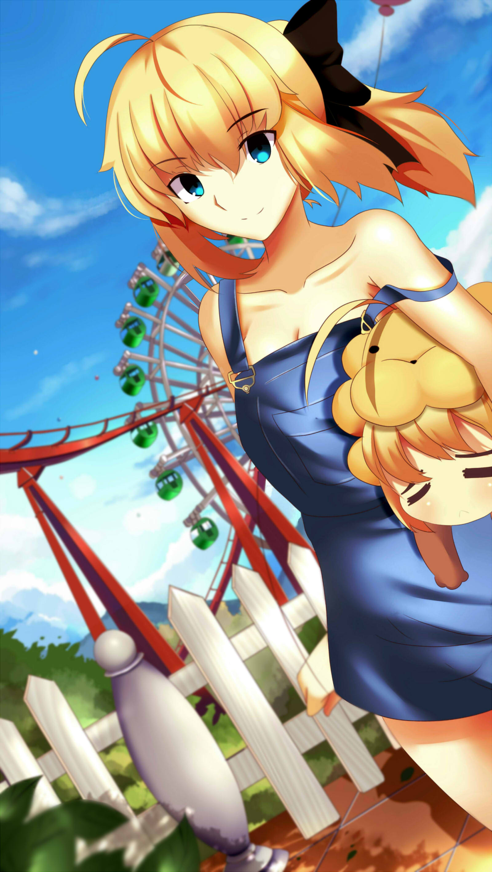 2girls absurdres ahoge amusement_park bare_shoulders blonde_hair blue_eyes bow bush closed_eyes clouds collarbone dutch_angle fate_(series) fence ferris_wheel highres mountain multiple_girls paperfinger pavement ponytail saber saber_lily saber_lion sky smile strap_slip