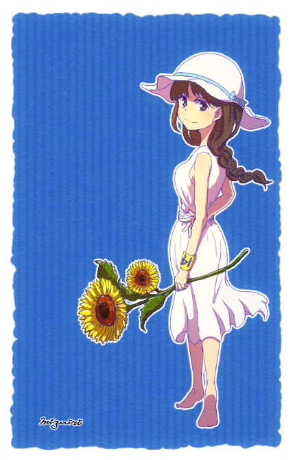 1girl alternate_costume arm_at_side arm_behind_back artist_name bangs barefoot blue_background blue_bow blue_ribbon bow braid brown_eyes brown_hair closed_mouth clothes_writing dress eyelashes flower from_behind full_body hat hat_bow hat_ribbon holding holding_flower juushimatsu's_girlfriend long_hair looking_at_viewer looking_back mizuiri number osomatsu-kun osomatsu-san ribbon sash shade signature single_braid sleeveless sleeveless_dress smile solo standing striped striped_background sun_hat sundress sunflower vertical-striped_background vertical_stripes white_border white_dress white_hat wristband