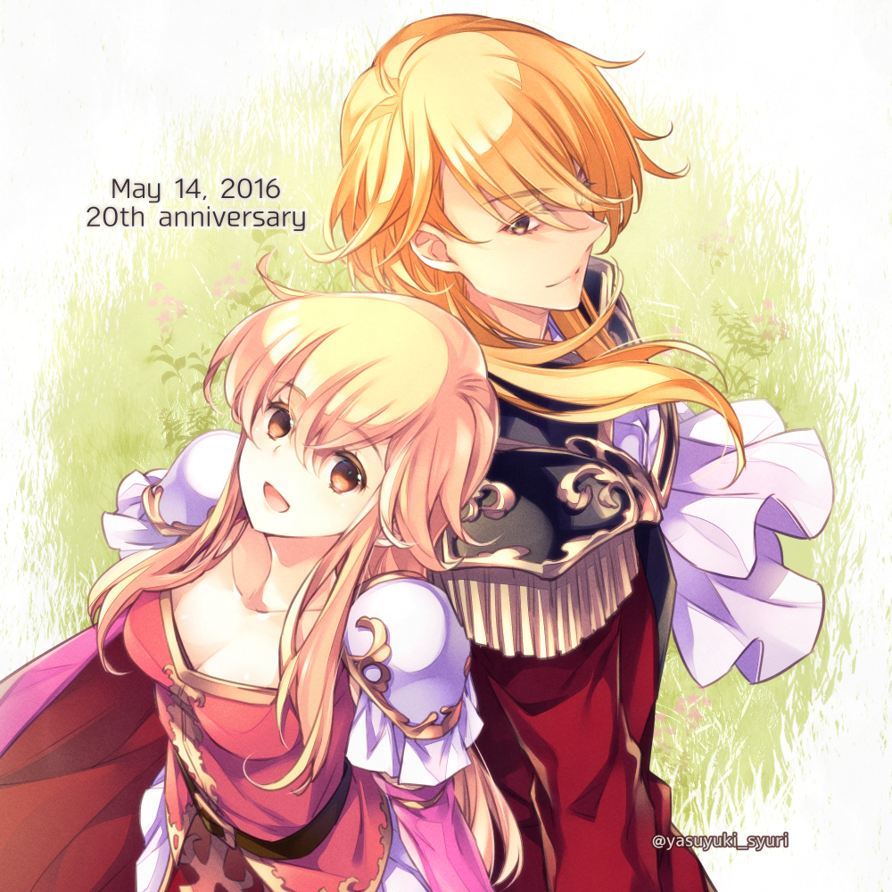 1boy 1girl 2016 :d anniversary armor back-to-back blonde_hair breasts brother_and_sister cape cleavage dated eltoshan_(fire_emblem) fire_emblem fire_emblem:_seisen_no_keifu gloves lachesis_(fire_emblem) long_hair open_mouth shuri_yasuyuki siblings smile twitter_username yellow_eyes