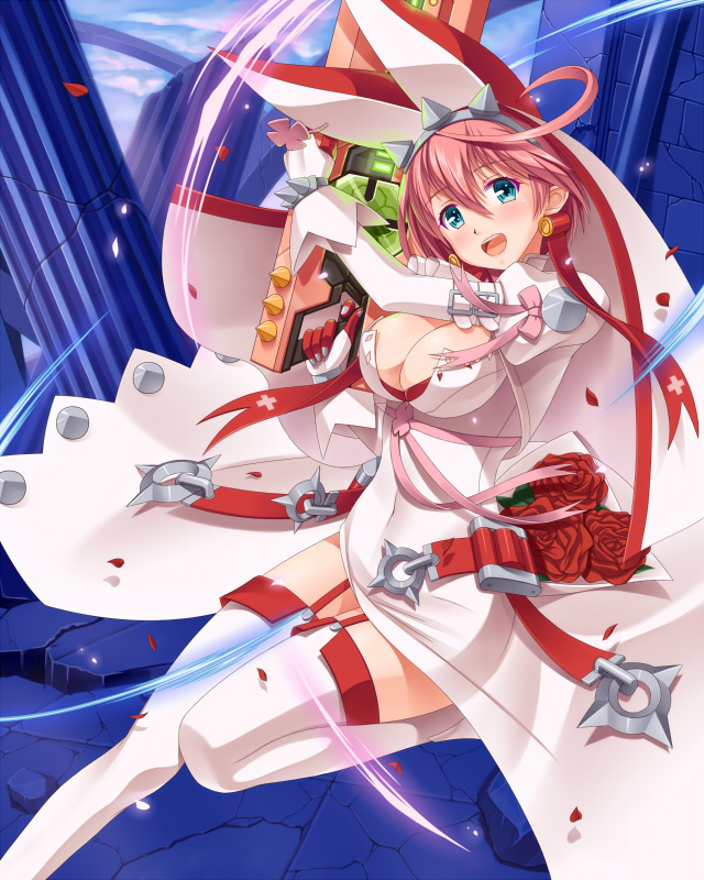 1girl :d ahoge arm_belt bangs belt blue_eyes blush bow breasts brick_wall clouds clover covered_navel crack dress earrings elphelt_valentine eyebrows eyebrows_visible_through_hair finger_on_trigger flower four-leaf_clover garter_straps gloves glowing guilty_gear guilty_gear_xrd gun hair_between_eyes hairband hobenkei holding holding_gun holding_weapon jacket jewelry large_breasts long_sleeves open_mouth petals pillar pink_bow pink_hair pink_ribbon puffy_long_sleeves puffy_sleeves red_flower red_ribbon red_rose ribbon rose rose_petals ruins short_hair sky smile solo spikes thigh-highs veil visible_air weapon white_dress white_jacket white_legwear