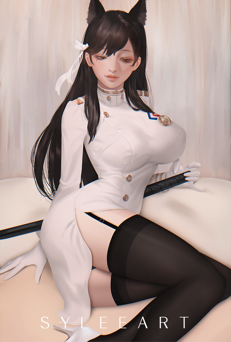 1girl animal_ears artist_name ass atago_(azur_lane) azur_lane black_hair black_legwear black_panties breasts brown_eyes closed_mouth cushion dress feet_out_of_frame garter_straps hair_ribbon high_heels highres large_breasts long_hair long_sleeves looking_away looking_down mole mole_under_eye on_floor panties pantyshot pink_lips reclining ribbon skindentation smile solo sword thaumazo thigh-highs tile_floor tiles underwear very_long_hair weapon white_dress white_footwear white_ribbon wrist_cuffs