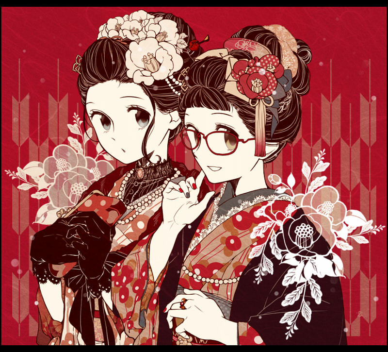 2girls :o bag bangs beads black_gloves brooch brown_eyes brown_hair camellia_(flower) comb finger_to_cheek fingernails flower glasses gloves green_eyes hair_beads hair_bun hair_flower hair_ornament hair_ribbon hanaze handbag japanese_clothes jewelry kimono lace lace-trimmed_gloves letterboxed limited_palette looking_at_viewer multicolored_nail_polish multiple_girls nail_polish necklace obi original red-framed_glasses red_background ribbon ring sash smile tassel upper_body yagasuri