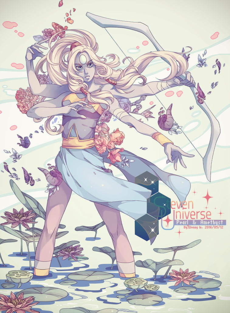 1girl aiming artist_name bandages blonde_hair bow_(weapon) dated extra_arms flower forehead_jewel fusion hair_tubes lily_pad opal_(steven_universe) partially_submerged ponytail purple_skin rose skirt solo steven_universe twintails weapon wenny02 wrist_cuffs