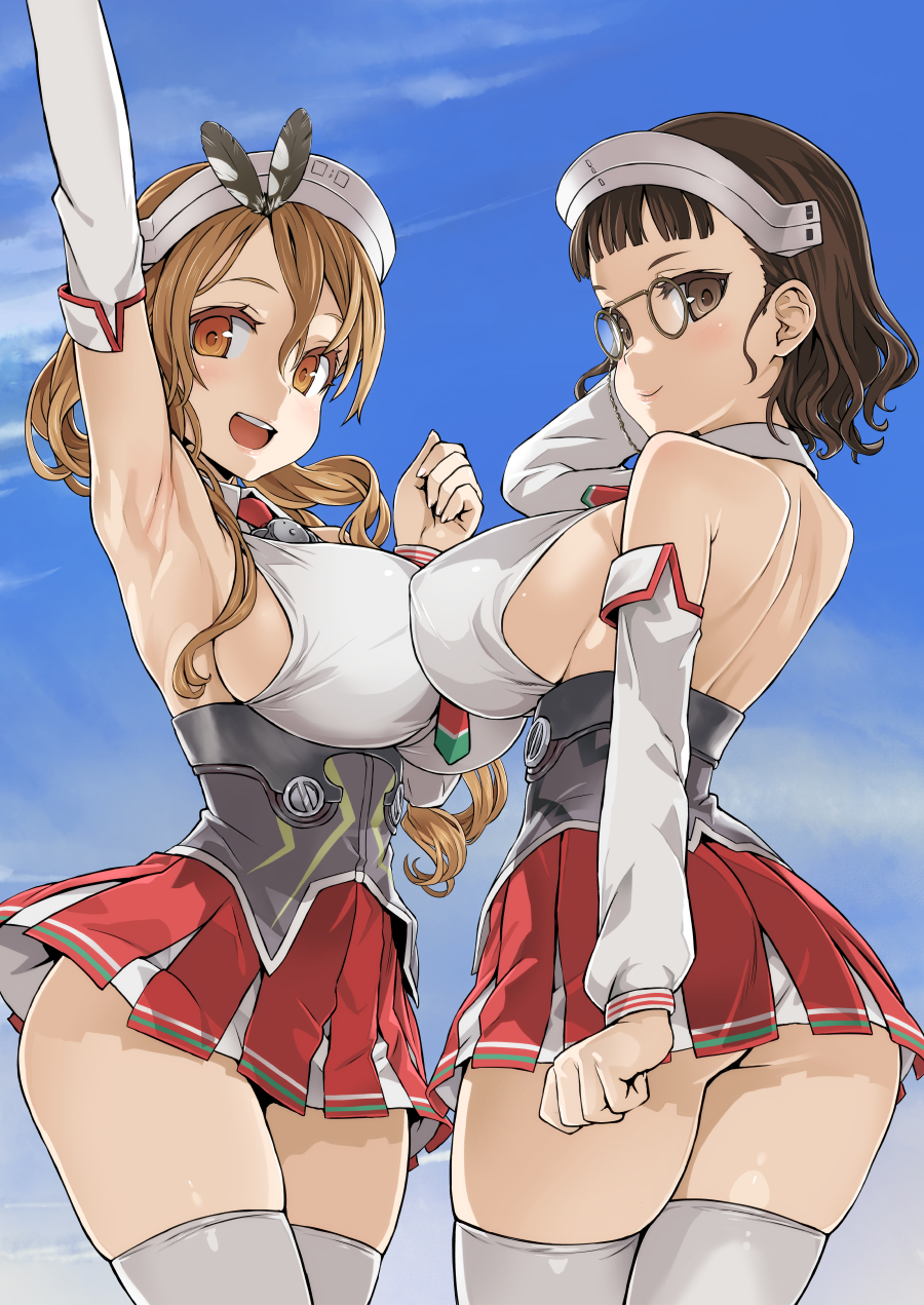 2girls arm_up armpits asanagi ass blue_sky breasts brown_eyes brown_hair cowboy_shot detached_sleeves from_behind glasses headgear highres huge_breasts kantai_collection large_breasts light_brown_eyes light_brown_hair littorio_(kantai_collection) looking_back multiple_girls outdoors roma_(kantai_collection) short_hair sideboob sky smile thigh-highs twintails underbust white_legwear