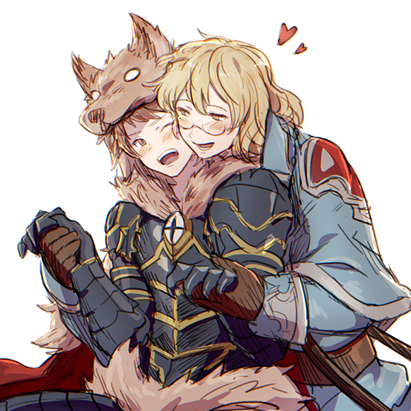 2boys armor blonde_hair blush brown_gloves brown_hair claws fur_trim glasses gloves gran_(granblue_fantasy) granblue_fantasy heart holding_hands looking_at_another male_focus multiple_boys open_mouth simple_background smile white white_background will_(granblue_fantasy) yaoi
