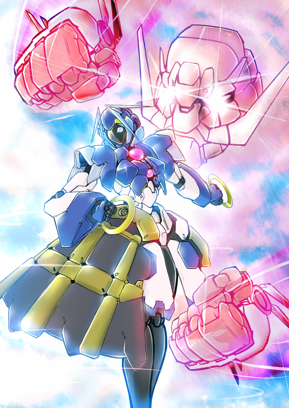 armor backlighting bloom blue_eyes clenched_hands facial_hair fujikusa full_armor glowing glowing_eyes highres jewelry kumoi_ichirin looking_at_viewer mechanization mustache ring robot_joints touhou unzan