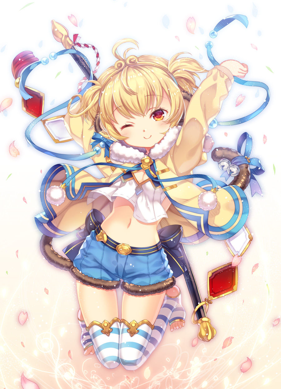 1girl ;) anchira_(granblue_fantasy) arms_up bangs bell belt blonde_hair blue_ribbon blue_shorts blush breasts capura_lin cleavage closed_mouth crop_top crop_top_overhang diamond_(shape) eyebrows eyebrows_visible_through_hair fur_trim gradient gradient_background granblue_fantasy hairband highres hood hood_down hooded_jacket jacket jewelry jingle_bell jumping long_sleeves looking_at_viewer marble midriff monkey_ears monkey_tail navel no_shoes one_eye_closed over-kneehighs petals pom_pom_(clothes) red_eyes ribbon ring rope short_hair small_breasts smile solo staff stomach striped striped_legwear tail tail_bell tail_ribbon thigh-highs thigh_gap toeless_legwear two_side_up upshirt white_background