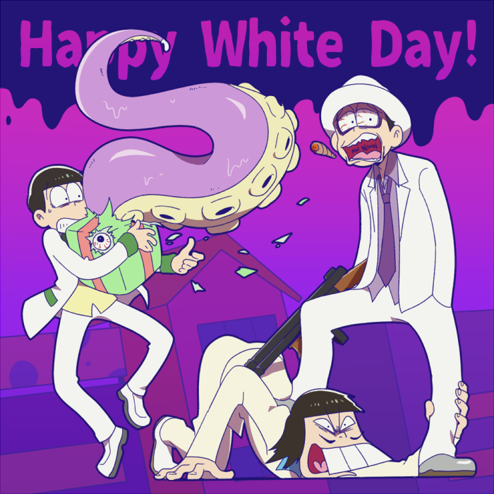 3boys brothers brown_hair buck_teeth cigar eyeball formal gift gun iyami male_focus matsuno_choromatsu matsuno_ichimatsu mogami_(eapyeapy) multiple_boys necktie osomatsu-kun osomatsu-san siblings submachine_gun suit tentacles thompson_submachine_gun weapon white_day white_suit