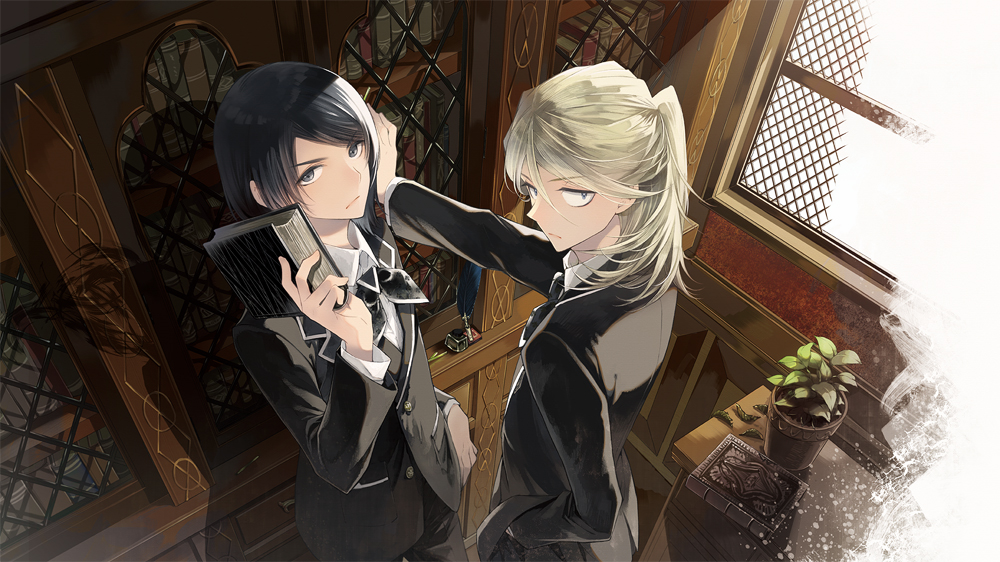 2boys back beans black_eyes black_hair black_jacket black_pants blazer blonde_hair book bookshelf character_request closed_mouth from_above frown grimoire_no_niwa hair_between_eyes hand_in_pocket holding holding_book indoors jacket long_hair looking_at_viewer looking_up male_focus multiple_boys official_art outstretched_arm pants plant ponytail potted_plant sakurana_haru school_uniform shade shadow solo table wall_slam window