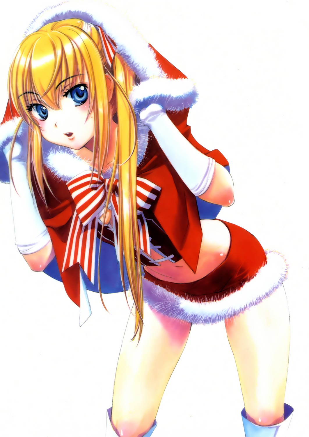 1girl adelina blonde_hair blue_eyes collarbone full_metal_panic!_another hat highres hood long_hair looking_at_viewer miniskirt navel red_skirt santa_hat simple_background skirt solo white_background