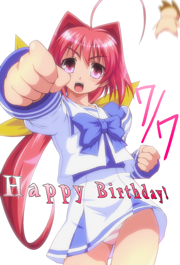 1boy 1girl ahoge bangs bow bowtie clenched_hand falling fist_pump flying foreshortening hair_bow hair_intakes happy_birthday kagami_sumika long_hair long_sleeves looking_at_viewer low_ponytail muvluv open_mouth outstretched_arm panties pantyshot pantyshot_(standing) pink_eyes ponytail puffy_sleeves redhead school_uniform serafuku skirt solo standing striped striped_panties text to-gnaniwa underwear very_long_hair white_background