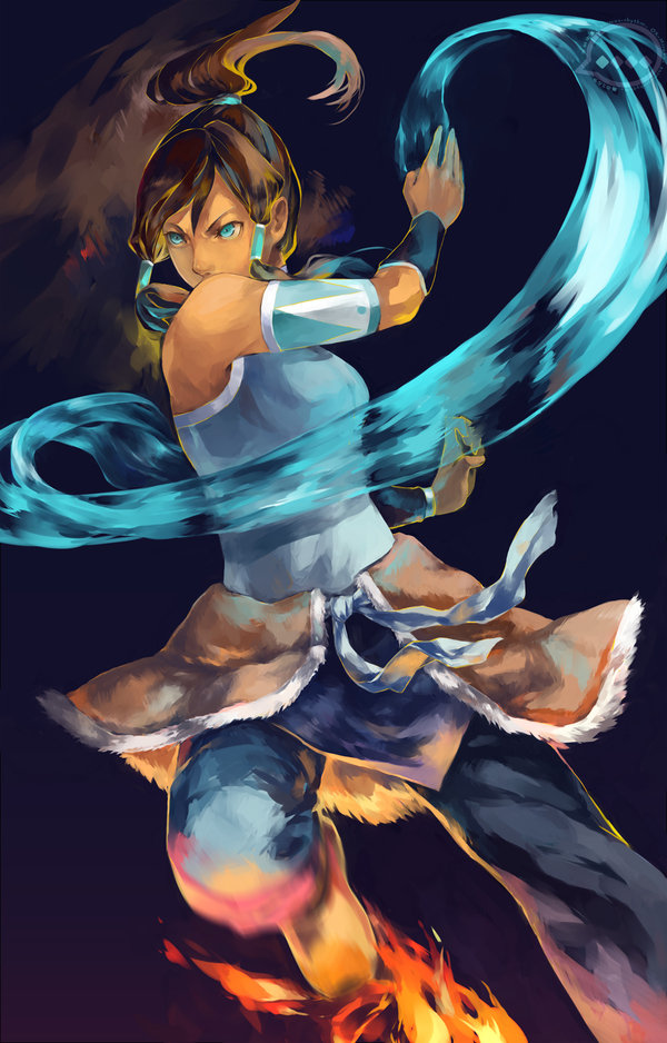1girl armband avatar:_the_last_airbender blue_eyes blurry brown_hair fighting_stance fire fur_trim hair_tubes korra ox-miruku ponytail solo the_legend_of_korra twintails water wristband