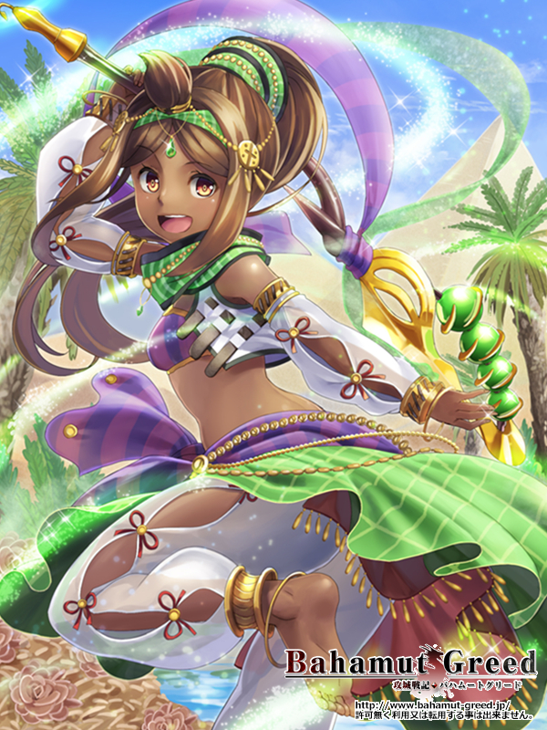 &gt;:d 1girl :d anklet arabian_clothes bahamut_greed barefoot breasts brown_eyes brown_hair character_request copyright_request dark_skin detached_sleeves english flower from_side holding_staff jewelry leg_up long_hair long_sleeves midriff open_mouth outdoors palm_tree pants ponytail pyramid smile solo sparkle staff tokumaro tree watermark web_address