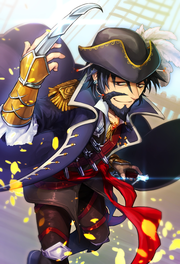 antique_firearm bandolier beard black_hair cocorosso earrings edward_teach_(fate/grand_order) epaulettes facial_hair fate/grand_order fate_(series) fingerless_gloves firearm firelock flintlock gauntlets gloves gun hat hook jewelry necklace pirate pirate_hat short_hair solo tricorne uniform weapon