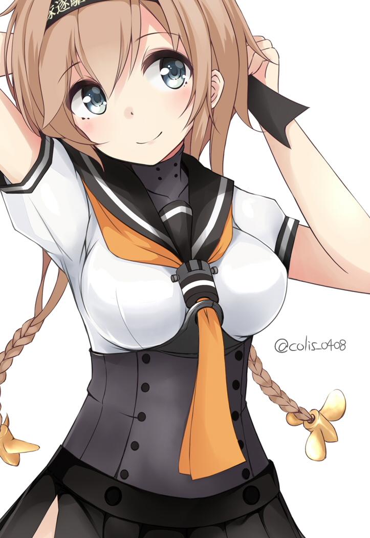 1girl arm_behind_head arm_up artist_name blue_eyes blush braid breasts brown_hair closed_mouth colis_(regunm772) hairband kantai_collection long_hair looking_away looking_up neckerchief number ribbon sailor_collar shirt short_sleeves simple_background smile solo teruzuki_(kantai_collection) twin_braids twitter_username white_background