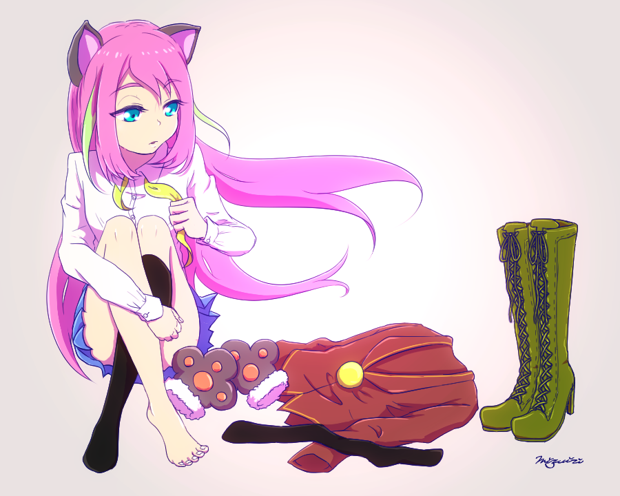 1girl animal_ears artist_name bangs barefoot black_legwear blue_eyes boots boots_removed cat_ears collared_shirt cross-laced_footwear dress_shirt eyebrows eyebrows_visible_through_hair eyelashes floating_hair full_body gloves gloves_removed gradient gradient_background green_boots hashimoto_nyaa high_heel_boots high_heels holding jacket jacket_removed kneehighs lace-up_boots leg_hug legwear_removed long_hair long_sleeves looking_to_the_side mizuiri multicolored_hair no_gloves no_shoes osomatsu-san parted_lips paw_gloves pink_hair pleated_skirt ribbon shirt signature single_kneehigh sitting skirt solo streaked_hair untied white_shirt yellow_ribbon