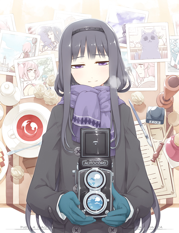 1girl 3girls akemi_homura alternate_costume bangs black_hair blue_gloves blush breath bus_stop buttons camera cat closed_mouth coat cookie copyright_name crumpled_paper cup double-breasted drink eyebrows eyebrows_visible_through_hair food fringe gloves hairband half-closed_eyes hammer holding_camera ink_bottle kaname_madoka letter light_smile long_hair long_sleeves mahou_shoujo_madoka_magica miki_sayaka multiple_girls paper pen photo_(object) plate purple_scarf reflection sakuraba_yuuki saucer scarf school_uniform shade sky sleeping solo spoon table tea teacup upper_body violet_eyes winter_clothes