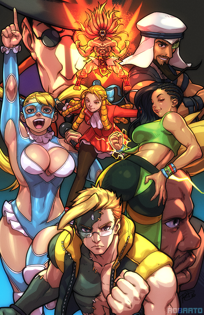 3girls 5boys ass birdie_(street_fighter) breasts capcom charlie_nash f.a.n.g kanzuki_karin laura_matsuda looking_at_viewer multiple_boys multiple_girls necalli rainbow_mika rashid_(street_fighter) robert_porter street_fighter street_fighter_v