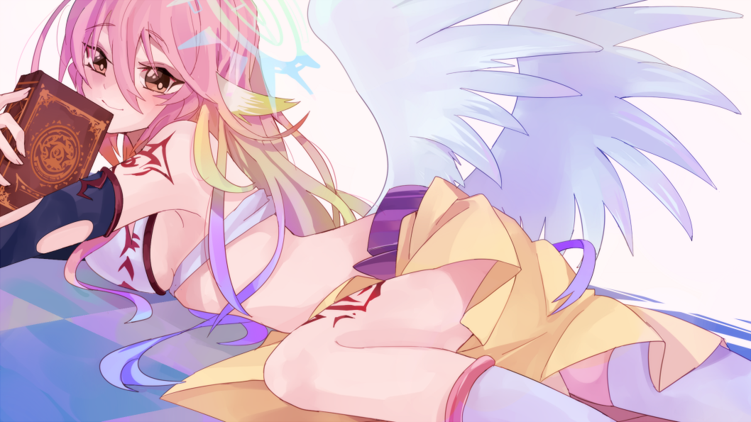 1girl angel_wings book breasts bridal_gauntlets crop_top feathered_wings gloves gradient_hair halo jibril_(no_game_no_life) long_hair looking_at_viewer low_wings lying magic_circle midriff mismatched_legwear momitiyo multicolored_hair naughty_face no_game_no_life on_stomach pink_hair seductive_smile sideboob smile solo tattoo thigh-highs white_wings wing_ears wings yellow_eyes