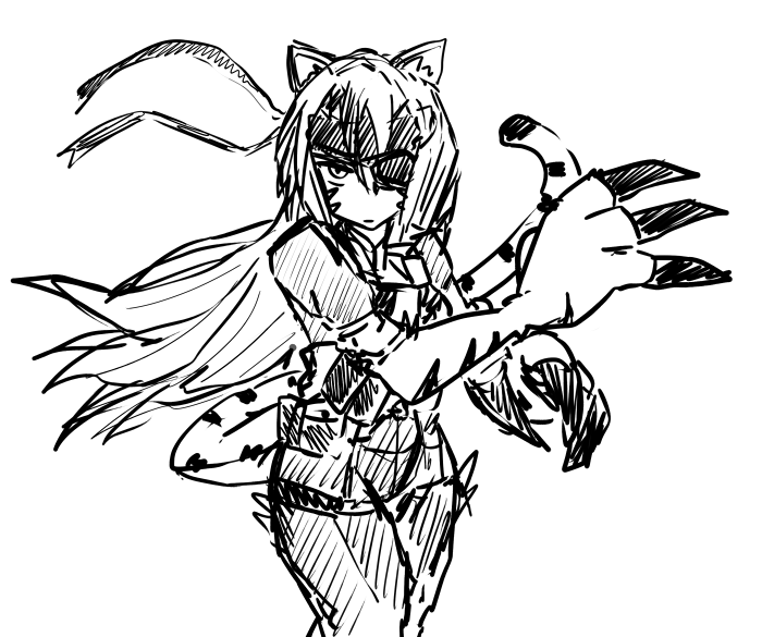 1girl animal_ears armor artist_request big_hands breasts claws cowboy_shot eyepatch headband jinko_(monster_girl_encyclopedia) large_hands long_hair long_nails long_tail metal_gear_(series) monochrome monster_girl monster_girl_encyclopedia paws solid_snake_(cosplay) solo standing tagme tail tiger_ears tiger_girl tiger_paws tiger_stripes tiger_tail
