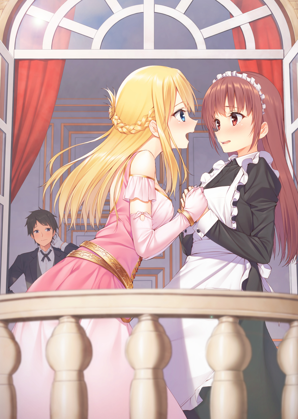 1boy 2girls apron arch bangs bare_shoulders black_dress black_eyes black_jacket blonde_hair blue_eyes blurry blush bracelet braid breasts brown_hair closed_mouth commentary_request curtains depth_of_field detached_sleeves dress elbow_gloves eye_contact eyelashes french_braid frilled_apron frills gloves hand_on_own_neck highres holding_hand jacket jewelry juliet_sleeves long_hair long_sleeves looking_at_another looking_to_the_side maid maid_apron maid_headdress mikazuchi_zeus multiple_girls neck_ribbon open_door open_mouth original own_hands_together pink_dress pink_gloves profile puffy_sleeves railing red_eyes ribbon scratching_head sidelocks small_breasts smile standing wall white_apron white_gloves wrist_cuffs yuri