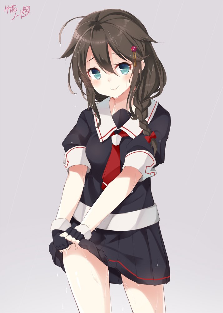 1girl ahoge artist_name black_hair blue_eyes bow braid fingerless_gloves gloves hair_between_eyes hair_bow hair_flaps hair_ornament hair_over_shoulder kantai_collection long_hair looking_at_viewer neckerchief note_(aoiro_clip) pleated_skirt remodel_(kantai_collection) school_uniform serafuku shigure_(kantai_collection) short_sleeves simple_background single_braid skirt smile solo wet wet_clothes wet_hair wringing_clothes