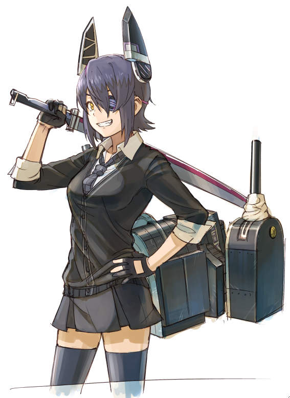1girl black_gloves black_legwear cardigan checkered checkered_necktie eyepatch gloves grin hand_on_hip headgear kantai_collection kirusu machinery necktie over_shoulder partly_fingerless_gloves pleated_skirt purple_hair school_uniform short_hair sketch skirt sleeves_rolled_up smile solo sword tenryuu_(kantai_collection) thigh-highs weapon weapon_over_shoulder yellow_eyes