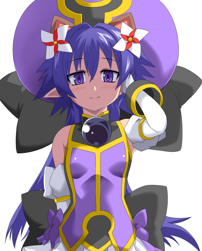 1girl adjusting_hair animal_ears bangs bare_shoulders blush bow breasts detached_sleeves dress elbow_gloves extra_ears gloves hair hair_ornament hat long_hair looking_at_viewer matsuhime_mujina pointy_ears purple_hair raccoon_ears shinrabanshou small_breasts smile solo to-gnaniwa upper_body violet_eyes white_background white_gloves