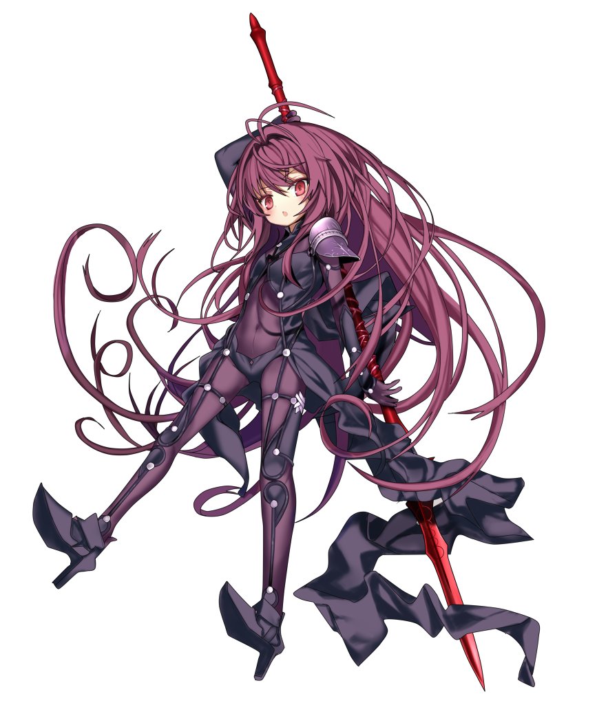 1girl armor armored_boots bodysuit boots covered_navel fate/grand_order fate_(series) gae_bolg high_heels holding holding_weapon long_hair looking_at_viewer parted_lips purple_hair red_eyes scathach_(fate/grand_order) shino_(eefy) shoulder_armor simple_background solo very_long_hair younger