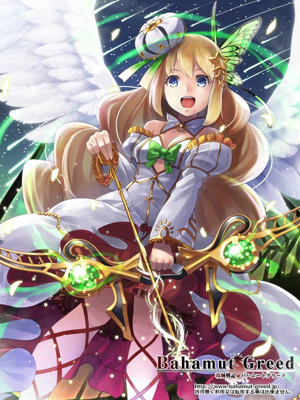 1girl :d arrow bahamut_greed bare_shoulders blonde_hair blue_eyes bow bow_(weapon) breasts butterfly_hair_ornament character_request cleavage copyright_request crown detached_sleeves dress dutch_angle english frilled_sleeves frills green_bow green_ribbon hair_ornament holding holding_weapon leg_ribbon mini_crown open_mouth puffy_sleeves red_ribbon ribbon shooting_star smile solo star_(sky) star_hair_ornament tokumaro watermark weapon web_address white_dress