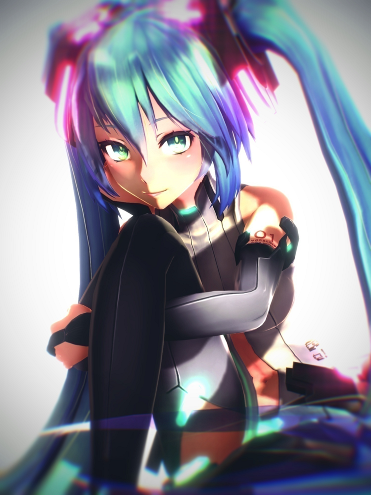 1girl 3d blue_hair elbow_gloves gloves gradient gradient_background green_eyes grey_background hatsune_miku long_hair looking_at_viewer mikumikudance sc sitting solo twintails very_long_hair vocaloid vocaloid_(tda-type_ver)