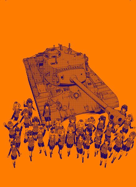 6+girls beret commentary girls_und_panzer hat m26_pershing military military_vehicle monochrome multiple_girls orange_(color) saitaniya_ryouichi skirt tank uniform vehicle