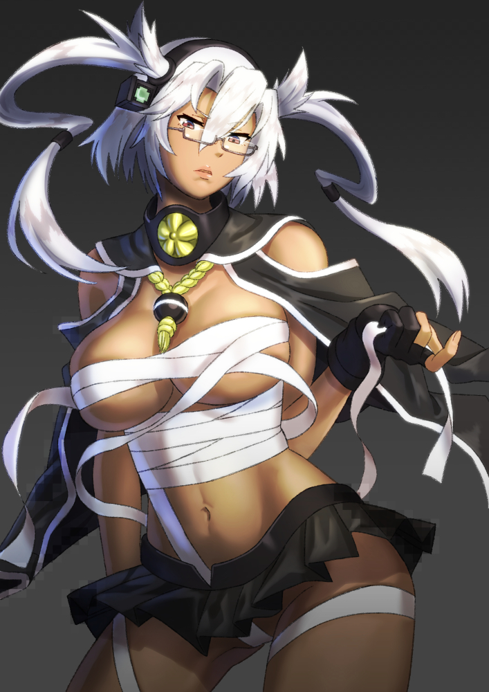 1girl arm_at_side bandages bangs black_gloves black_skirt breasts budget_sarashi capelet cowboy_shot dark_skin eyebrows eyebrows_visible_through_hair furrowed_eyebrows glasses gloves gradient gradient_background grey_background groin hair_between_eyes hair_tubes headgear kantai_collection kikumon large_breasts looking_at_viewer microskirt misumi_(niku-kyu) musashi_(kantai_collection) navel no_panties parted_lips partly_fingerless_gloves pleated_skirt pointy_hair red_eyes revealing_clothes sarashi semi-rimless_glasses short_hair_with_long_locks shoulder_cutout skirt solo stomach toned two_side_up under-rim_glasses upskirt