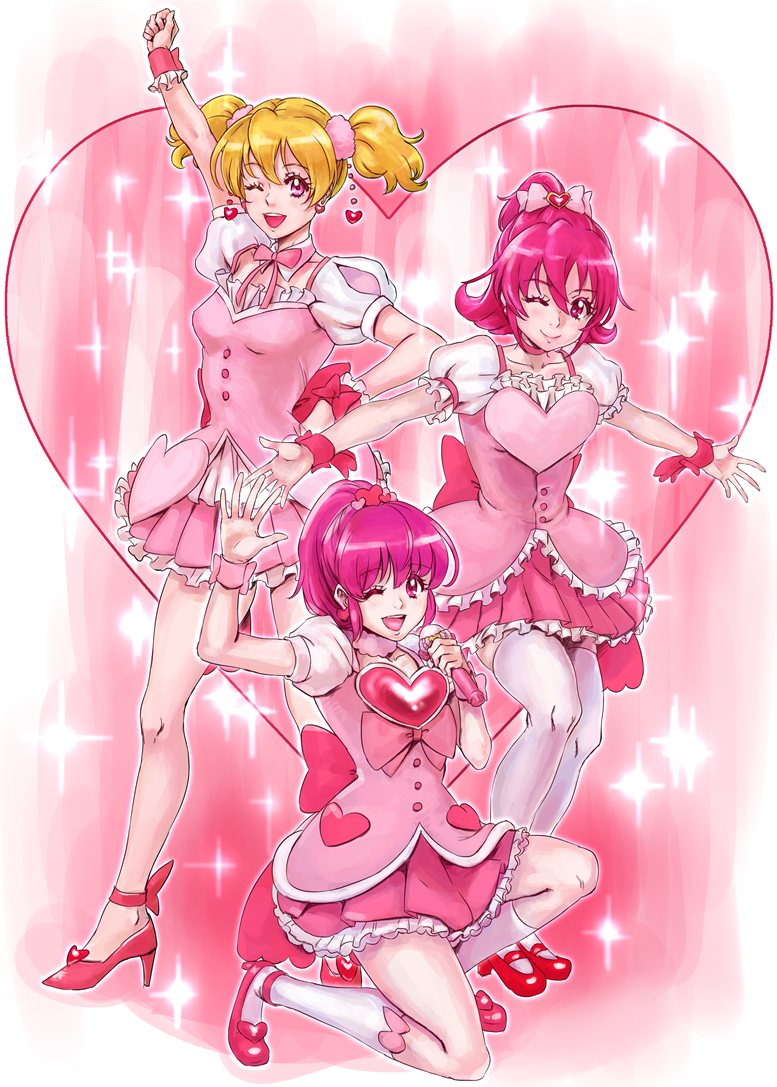 3girls aida_mana aino_megumi arm_up blonde_hair bow choker color_connection detached_collar dokidoki!_precure flipped_hair fresh_precure! frilled_skirt frills full_body hair_bow half_updo hand_on_hip happinesscharge_precure! heart heart_background high_heels hisaki idol kneeling looking_at_viewer microphone momozono_love multiple_girls one_eye_closed pink pink_background pink_eyes pink_hair pink_shoes pink_skirt ponytail precure red_shoes shoes short_hair short_twintails skirt smile standing thigh-highs twintails white_legwear wrist_cuffs