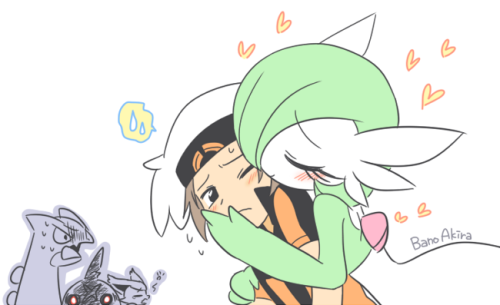 bano_akira blush delcatty gardevoir heart hug kiss lowres pokemon pokemon_(creature) pokemon_(game) pokemon_oras red_eyes sceptile sharpedo sweatdrop yuuki_(pokemon) yuuki_(pokemon)_(remake)