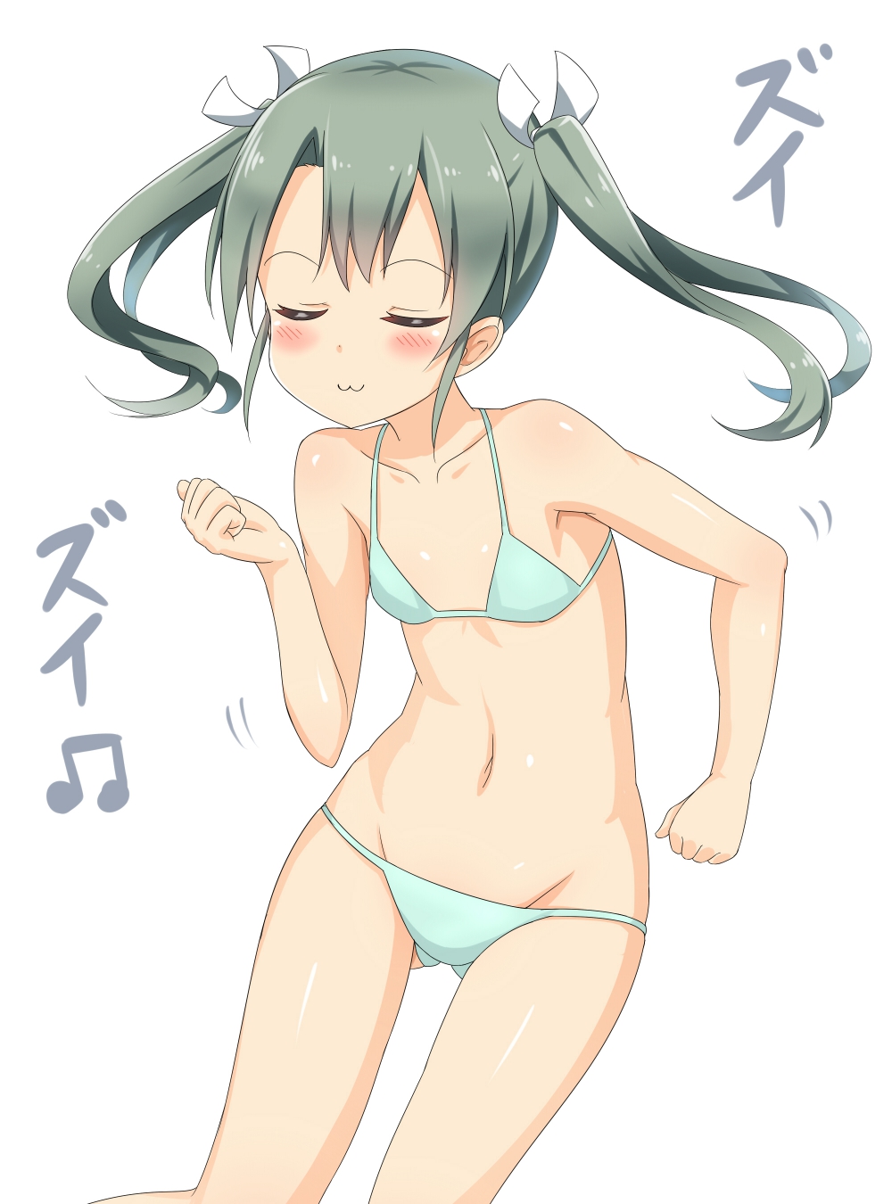 1girl :d aqua_bikini bare_legs bare_shoulders bikini blush closed_eyes collarbone dancing grey_hair hair_ribbon highres kantai_collection musical_note navel nedia_r open_mouth ribbon simple_background small_breasts smile solo swimsuit twintails white_background zui_zui_dance zuikaku_(kantai_collection)
