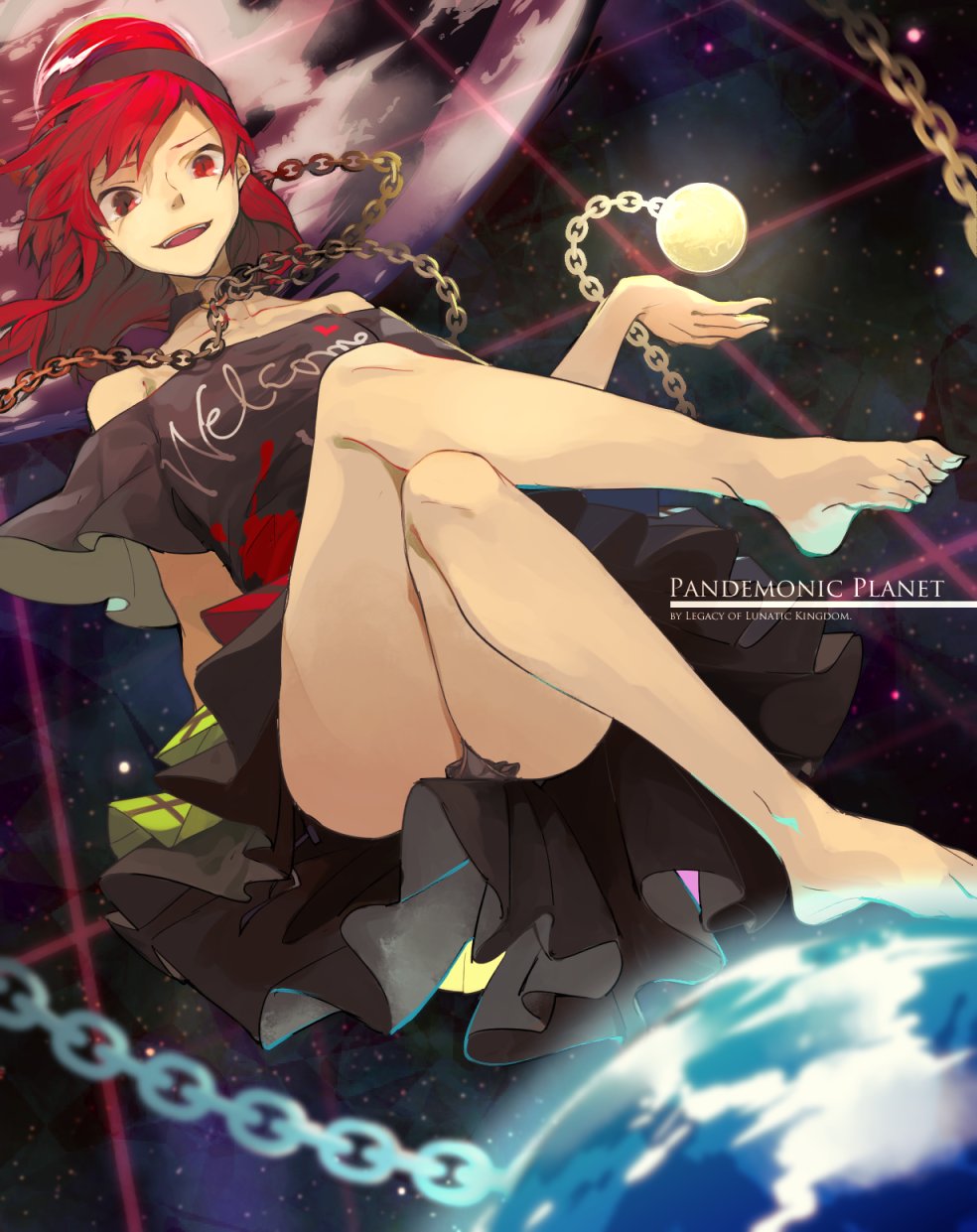 1girl bare_shoulders barefoot black_shirt chain choker collar crossed_legs earth earth_(ornament) english floating_object frilled_skirt frills from_below hand_up hat hecatia_lapislazuli hichiko highres jewelry looking_at_viewer looking_down moon_(ornament) off-shoulder_shirt off_shoulder open_hand open_mouth planet pleated_skirt polos_crown red_eyes redhead shirt short_hair short_sleeves skirt sky solo space star star_(sky) starry_background starry_sky touhou triangle universe wavy_hair