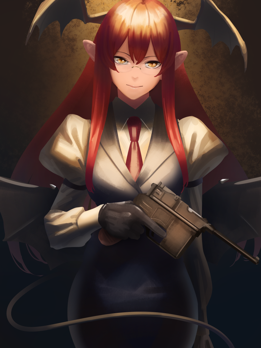 1girl amino_(tn7135) arm_at_side bat_wings bespectacled black_gloves black_skirt black_vest black_wings closed_mouth collared_shirt cowboy_shot demon_girl demon_tail demon_wings dress_shirt glasses gloves gun head_wings holding koakuma long_hair long_sleeves looking_at_viewer necktie pointy_ears puffy_long_sleeves puffy_sleeves red_necktie redhead rimless_glasses shirt sketch skirt skirt_set slit_pupils smile solo succubus tail touhou trigger_discipline vest weapon white_shirt wings yellow_eyes