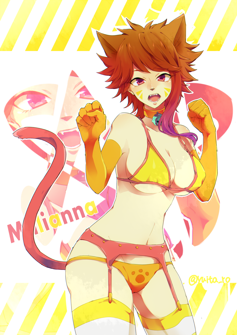 1girl animal_ears artist_name bell bell_collar bikini bikini_top breasts brown_hair cat_ears cat_tail character_name cleavage collar facial_mark fairy_tail fang gloves large_breasts midriff millianna_(fairy_tail) navel open_mouth pink_eyes solo swimsuit tail teeth thigh-highs yuita_ro