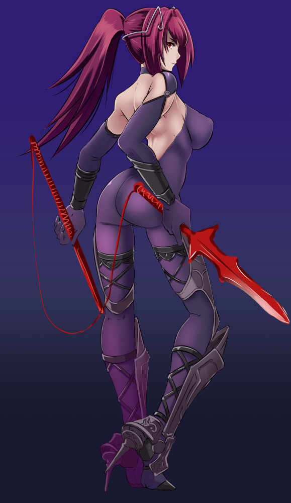 1girl adapted_costume ass bodysuit breasts butcha-u dual_wielding fate/grand_order fate_(series) large_breasts long_hair polearm ponytail purple_hair red_eyes scathach_(fate/grand_order) solo spear weapon